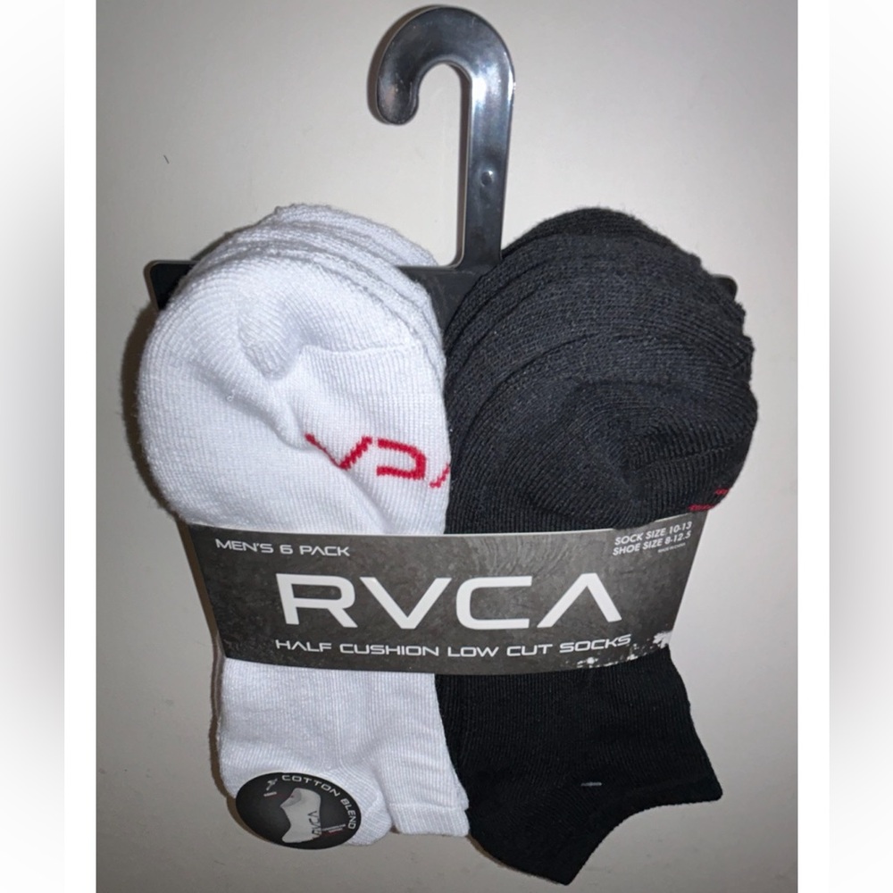 RVCA Low Cut Socks 6 Pair Men's 8-12.5 Black White w Red Toe Logo Cushion Skate - Picture 11 of 11